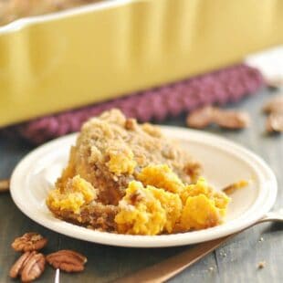 This is my grandmother's recipe for Sweet Potato Casserole, and it's perfect! I love the pecan, brown sugar, and coconut crumbly topping the best!