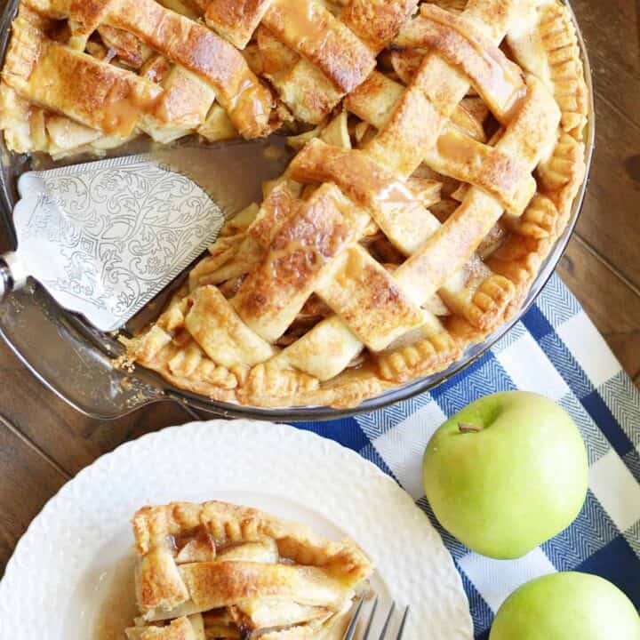 Paula Deen's classic Apple Pie with a buttery homemade lattice top crust and brown sugar apples.