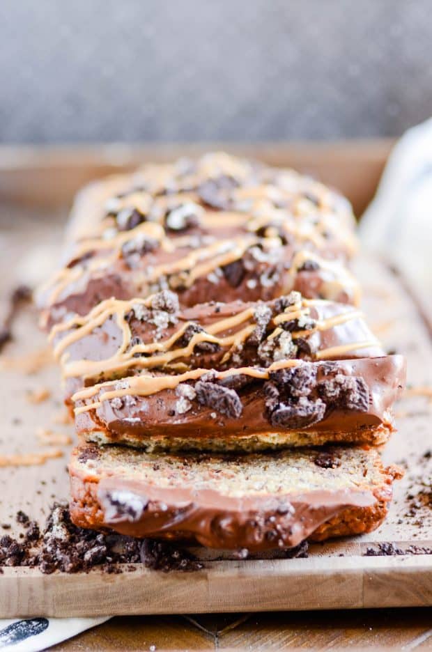 Triple the peanut butter in this sweet banana bread with a decadent cookies & cream packed ganache on top!