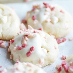 Soft sugar cookies dipped in white chocolate and peppermint bits.