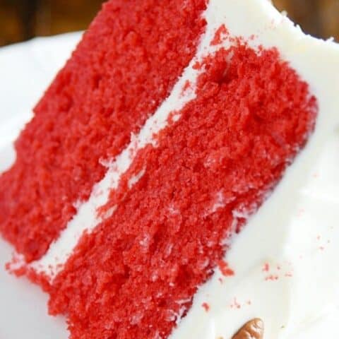 Supremely moist and delicious Red Velvet Cake with cream cheese frosting.