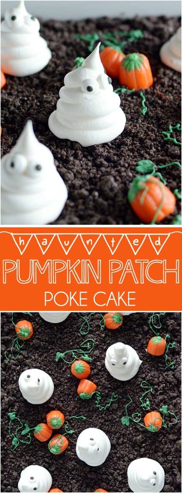Spooky and cute Halloween cake made with Oreo crumbs, Cool Whip ghosts, and candy corn pumpkins!